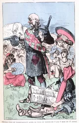 Phileas Fogg en Passepartout na de wereldreis in 3 jaar 8 maanden en 17 dagen, parodie op Jules Verne, 
