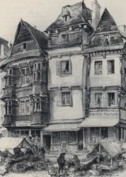 Place du marché in Lannion - La vieille France - La Bretagne - tekst, tekeningen en lithografieën, door Albert Robida (1848-1926) ongedateerd eind 19e eeuw