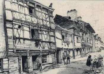 Rue Fardel in Saint Brieuc - Oud Frankrijk - Bretagne - tekst, tekeningen en lithografieën, door Albert Robida (1848-1926) ongedateerd eind 19e eeuw