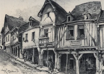 Rue Poterie in Fougeres in het departement Ille-et-Vilaine - La vieille France - La Bretagne - tekst, tekeningen en lithografieën, door Albert Robida (1848-1926)