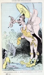 Saturnische typen van een gerapporteerde schets van de planeet Saturnus (pseudo-antropologische groteske monsters), parodie van Jules Verne, 