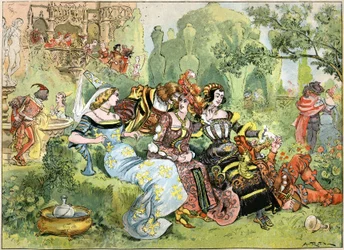 Scène van "Gargantua", illustratie door Robida voor de volledige werken van Francois Rabelais uitgegeven door de Librairie Illustree, 1885
