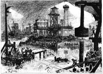 Science Fiction: De bouw van het zesde continent - in "de twintigste eeuw" door A. Robida, gravure