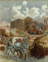 Zesde Italiaanse Oorlog (1521-1526): Pierre Terrail de Bayard (1476-1524) bij het hoofdkwartier van Mezieres in 1521. Illustratie