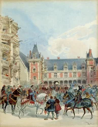 Het hof van Frans I (1494-1547) in het koninklijk kasteel van Blois, voor 1524. Illustratie