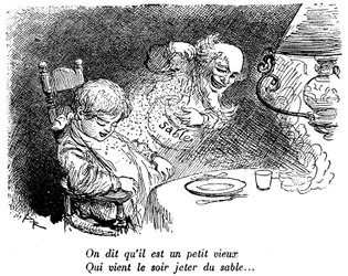 De zandman is langs geweest! Kind slaapt na het eten. Slaap. "Ze zeggen dat hij een klein oud mannetje is die 