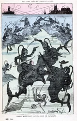 Onderwatergevecht in de baai van Papagayo (duikers die op vissen rijden), parodie op Jules Verne, 