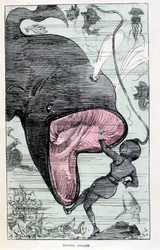 Vrouw in een duikpak wordt opgeslokt door een walvis, parodie op Jules Verne, 