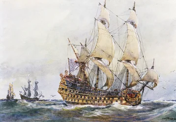 Frans schip van de eerste rang ten tijde van Colbert (17e eeuw), aquarel door Albert Sebille (1874-1953)
