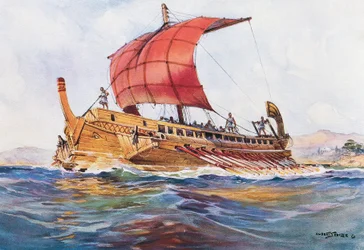 Lichtschip uit de Klassieke Griekse tijd, aquarel door Albert Sebille (1874-1953)