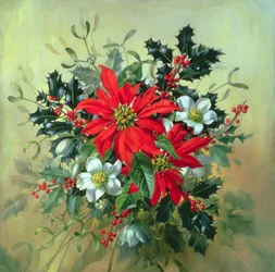 AB130 Een kerstarrangement met hulst, maretak en andere winterbloemen