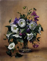 Convolvulus en erwten in glazen vaas (olieverf op doek)