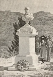 Monument voor Paolo Giacometti (1816-1882) op de begraafplaats van Staglieno, Genua, Italië, gravure naar tekening van Alberto della Valle, uit L