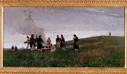 Rond het vuur. Bivak van soldaten van het Italiaanse leger