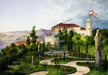 Exterieur met tuin, zuidwest van Villa Lazzarovic Triëst, residentie van Maximiliaan van Habsburg (1832-1867)