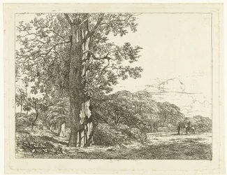 Landschap met grote beukeboom en ruiter in gesprek met man