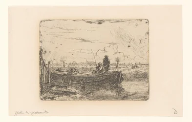 Polderlandschap met twee mannen op een boot