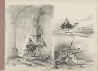 Studieblad, onder andere met een aangespoeld scheepswrak voor een kust
