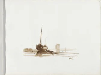 Zeilschip voor anker voor een kust