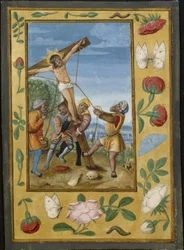 Blad uit een getijdenboek: De Kruisoprichting, ca. 1510-1520 (tempera en vloeibaar goud op perkament)