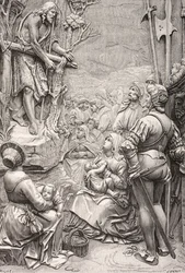 Sint Johannes de Doper die predikt in de woestijn (gravure)