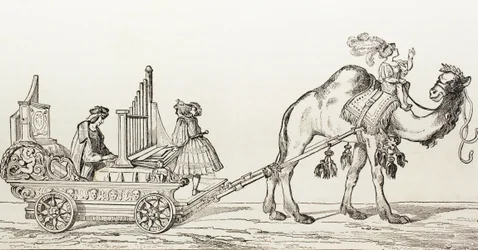 De organist Paul Hoffaner speelt in een koets getrokken door een kameel (gravure)