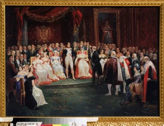 De ontvangst door keizer Napoleon Bonaparte (1769-1821): Georges Cuvier (1769-1832), staand voor Napoleon, wordt geridderd in het Legioen van Eer op 26 november 1803. Onder de aanwezigen in de zaal: Madame de Stael