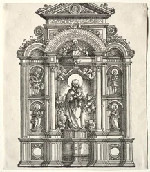 Groot altaar met de Maagd, in een rand met heiligen Christoffel, George, Barbara, Catharina