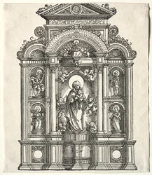 Groot altaar met de Maagd, in een rand met HH. Christoffel, George, Barbara, Catharina