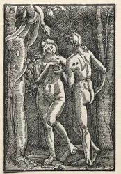 De val en verlossing van de mens: Adam en Eva eten de verboden vrucht, ca. 1515