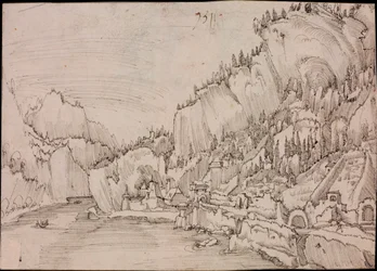 Uitzicht op Sarmingstein aan de Donau (Oostenrijk) - Tekening van Albrecht Altdorfer (circa 1480-1538)