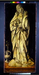 Vroeger de vleugels van een drieluik, een paar, vrouwelijke figuren die wijsheid en vrijgevigheid personifiëren, met de annunciatie (paneel; en grisaille verso)