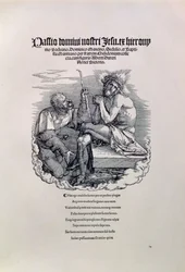 Een Romeinse soldaat bespot Christus, met de naam van de kunstenaar in het Latijn erboven, en daaronder een gedicht dat de mens berispt voor zijn zonden, titelpagina van de serie De Grote Passie, uitgegeven 1511