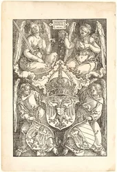 Allegorie met de wapenschilden van het Rijk en de stad Neurenberg