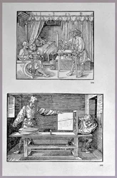 Apparaat voor het vertalen van driedimensionale objecten naar tweedimensionale tekeningen, twee scènes uit het eerste technische boek van de kunstenaar Inleiding in de Kunst van het Meten met Kompas en Liniaal
