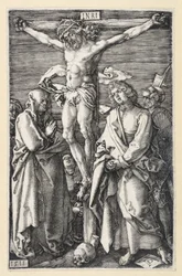 Christus aan het kruis tussen Maria en Johannes (gegraveerde Passie)