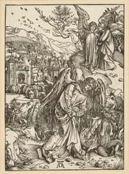 De engel werpt de draak in de afgrond en sluit hem daarin op (Apocalyps)
