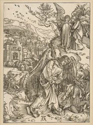De engel werpt de draak in de afgrond en sluit hem daarin op (Apocalyps)