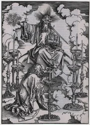 Johannes ziet de zeven kandelaars, figuur I, blad 3 uit de serie „De Apocalyps“