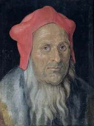 Portret van een bebaarde man met een rode hoed