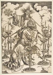 Sint Jan aanschouwt de zeven gouden kandelaars, uit De Apocalyps