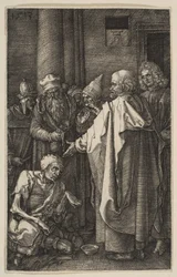 Sint-Petrus en Sint-Johannes bij de poort van de tempel, uit „De Passie“