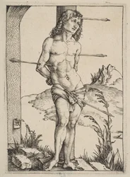 De heilige Sebastiaan vastgebonden aan de zuil
