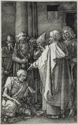 De heiligen Petrus en Johannes genezen een kreupele bij de poort van de tempel