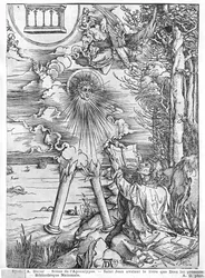 Scène uit de Apocalyps, St. Johannes die het Boek verslindt, Latijnse editie, 1511