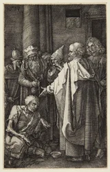 Sint-Petrus en Sint-Johannes genezen de verlamde man (serie ‘De Passie’ in gravure)
