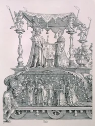 Het Bourgondische Huwelijk of de Triomftocht van Keizer Maximiliaan I van Duitsland (1459-1519) met de huwelijkskoets van Maximiliaan en Maria van Bourgondië (1458-82), uitgegeven 1526 (detail)