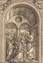 De Heilige Familie met Twee Engelen in een Gewelfde Hal, ca. 1504