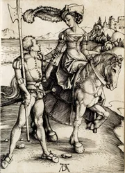 De dame te paard met de hellebaardier