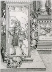 De Triomfboog van Keizer Maximiliaan I van Duitsland: detail van een portaalzuil met een reliëf van een man met een standaard en een gekroond wapen